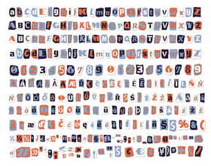 Color ransom collage style letters, numbers cut from newspapers and magazines Vintage ABC collection. Blue, white, black and orange punk typeface Extended Latin alphabet Typography vector illustration