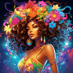 Beautiful girl with flowers in her hair. Generative AI	