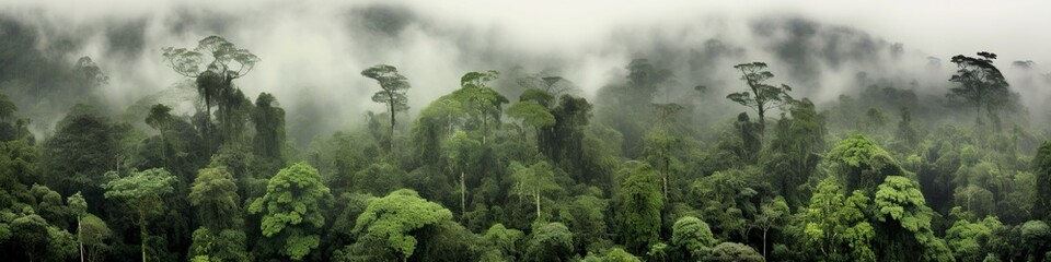 illustration, rain forest treetops in mist, website header, ai generative.