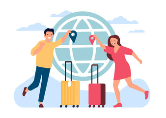 Young couple travel. Man and woman choosing journey destination. Tourists pinning mark at map. New city to vacation. People with baggage suitcases. World transportation. Vector concept
