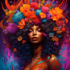 Beautiful black girl in a wreath of flowers, african american fashion, girl with flowers in her hair. Generative AI	