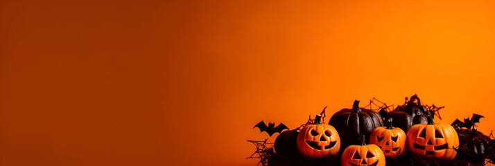 Halloween card, holiday attributes, pumpkins, candles and spiders. With Generative AI technology