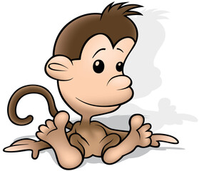 Cute Brown Monkey Cub Sitting on the Ground