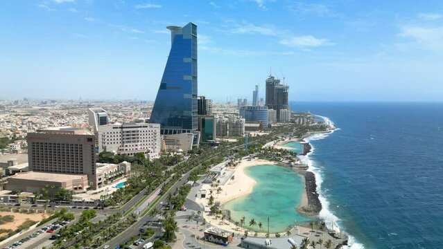 Jeddah: Aerial view of famous coastal city in v Saudi Arabia, skyline of The Headquarters Business Park, leisure area Roshn Waterfront, Red Sea - landscape panorama of Arabian Peninsula from above