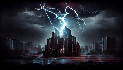Natural disaster concept. lightning in the city