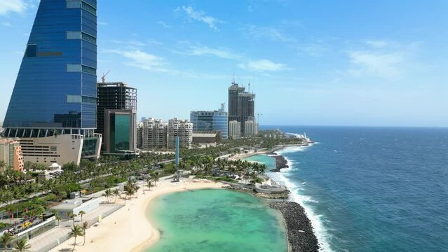 Jeddah: Aerial view of famous coastal city in v Saudi Arabia, skyline of The Headquarters Business Park, leisure area Roshn Waterfront, Red Sea - landscape panorama of Arabian Peninsula from above