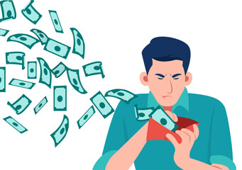 Vector of a stressed man looking at his wallet with money dollar banknotes flying away