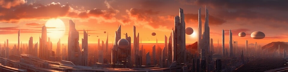 illustration, futuristic city at sunset, website header, ai generative.
