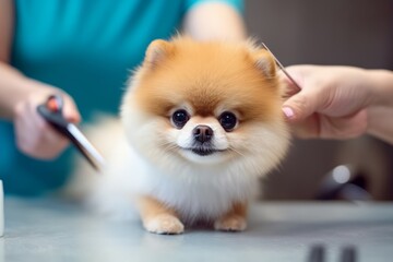 Fototapeta na wymiar Man grooms Pomeranian in pet beauty business., Generative AI.