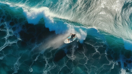 Obraz premium surfer trying to balance on the big wave, top view. Generative Ai. 