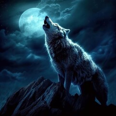 Naklejka premium A howling wolf against the background of dark tones of fog and a full moon, Generative AI