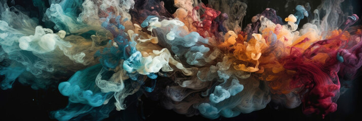 Fototapeta na wymiar Colorful abstract gradient banner with splash of colored ink in water on the dark background. Mixing paints in water that looks like flower. Colorful smoke. Deep space color palette. Generative AI