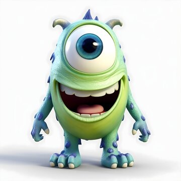 full body view of green alien monster, super cute baby monster with massive blue eye and big head huge open smile, Green cyclope