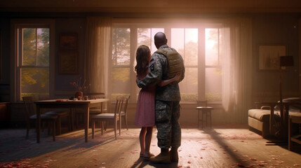 Fototapeta premium daughter met her father, who returned from military service. Generative Ai. 