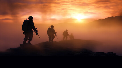 Fototapeta na wymiar soldiers with weapons walk through a smoky field at sunset. Generative Ai. 
