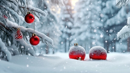 Naklejka na ściany i meble red christmas balls on snow. Generative Ai. 