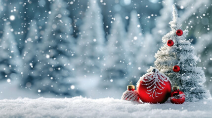 Fototapeta na wymiar red christmas ball on snow. Generative Ai. 