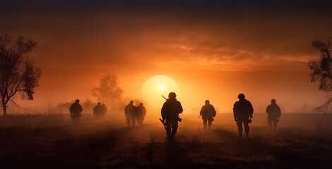 a group of soldiers at sunset moving across the field. Generative Ai. 