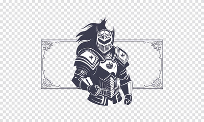 Vector monochrome mighty ancient legendary knight in armor on the background of a vintage frame with patterns. Isolated background.