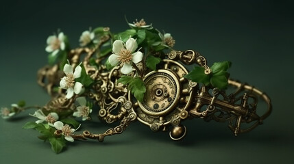 Floral, vintage background, peony, flover, products, enginer, generative, ai, steampunk,clockwork, brooch, wight, green