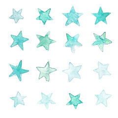 Turquoise stars set, cute watercolor stars print. Vintage illustration.