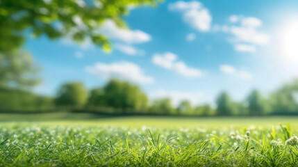 green grass and blue sky with clouds. Generative Ai. 