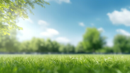 Fototapeta na wymiar Green grass and blue sky on a sunny day. Generative Ai. 
