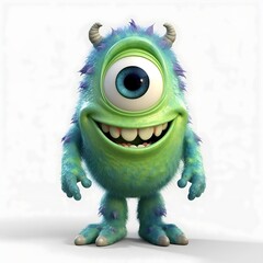 full body view of green alien monster, super cute baby monster with massive blue eye and big head huge open smile, Green cyclope