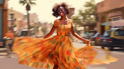 smiling african american woman in a yellow beautiful dress walks through the streets of the city. Generative Ai. 