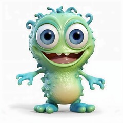 Fototapeta premium full body view of green alien monster, super cute baby monster with massive blue eyes and big head huge open smile