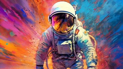 image of an astronaut on a multi-colored background illustration in the style of abstract impressionism. Generative Ai. 