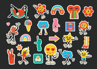 Fototapeta premium Retro cartoon stickers with funny comic characters and gloved hands. Contemporary abstract shape, banana, star and mushroom badge vector set.