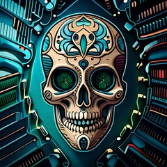 Image of a colourful bio-mechanical skull. (AI-generated fictional illustration)