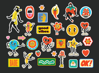 Retro cartoon stickers with funny comic characters and gloved hands. Contemporary abstract shape, banana, star and mushroom badge vector set.