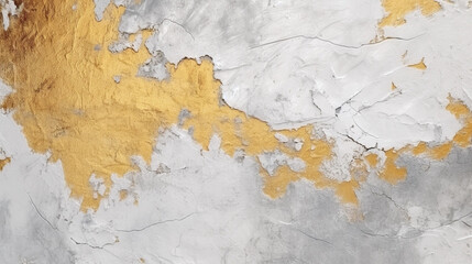 an old white wall with peeling plaster, from under which remains of gold leaf are visible. Generative Ai. 