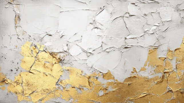 an old white wall with peeling plaster, from under which remains of gold leaf are visible. Generative Ai. 