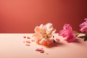 Close up with fresh flowers on the table, copy space and gradient background