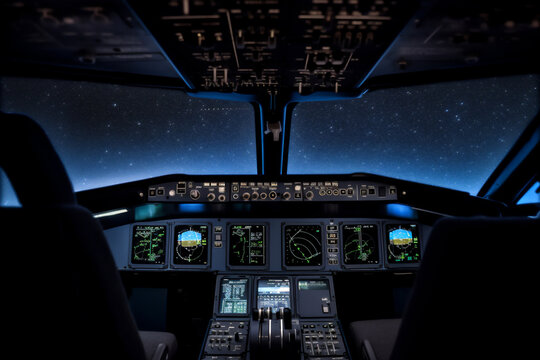 Cockpit aviation control panel digital display instruments of an aircraft in flight at night with a clear view of the stars in the sky, computer Generative AI stock illustration image