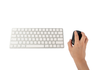Closeup of business woman hand typing on laptop keyboard with mouse on transparent background