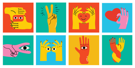 Groovy hippie love set of colorful hands with different gestures. Hands with heart, together hands and etc. Hand drawn vector illustration. Retro happy Valentines day in cartoon style.