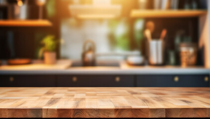 Obraz na płótnie Canvas Blurry kitchen background with wood table for product display., Generative AI.