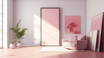 Modern Interior Design with Blank Mockup Frame Poster, 3D Render, 3D Illustration