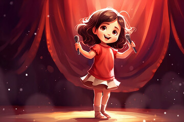 Illustration of young adorable girl singing and dancing on stage with blurry light background  - obrazy, fototapety, plakaty