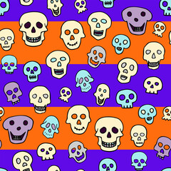 Obraz premium Doodle Halloween sculls seamless pattern. Color Skeleton on striped background. Hand-drawn scary cranium. Mystical sketch character. Vector illustration for spooky autumn holiday, The day of the Dead