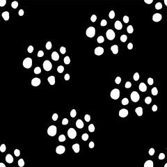 Seamless polka dots pattern. White hand-drawn big circles on Black background. Abstract Random cloud points ornament. Vector simple illustration for wallpaper, fabric, print, wrapping paper, textile