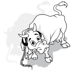 Drawing of a Spotted Cow with Headphones Listens to Music