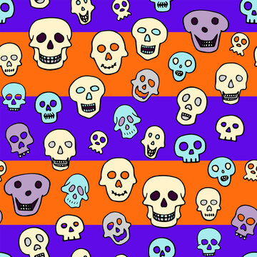 Doodle Halloween sculls seamless pattern. Color Skeleton on striped background. Hand-drawn scary cranium. Mystical sketch character. Vector illustration for spooky autumn holiday, The day of the Dead