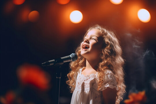 young adorable girl singing on stage with blurry light background