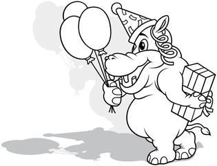 Drawing of a Hippo with a Gift and Balloons from Side View