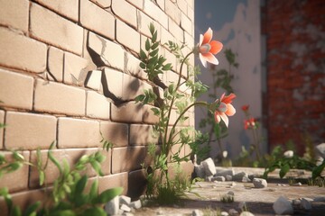 illustration, cute flowers growing through a broken wall, ai generative